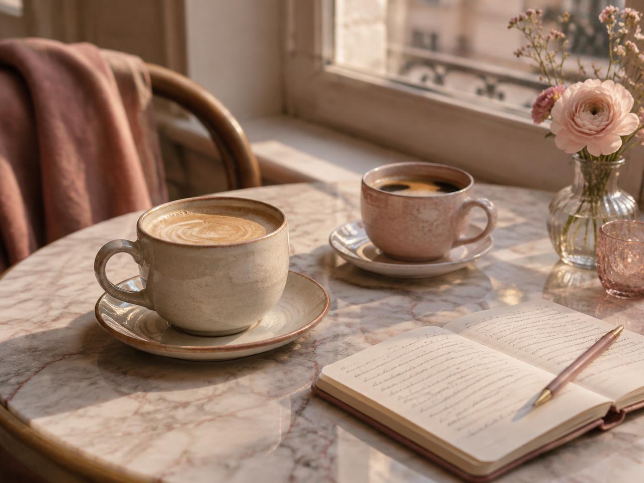 Two coffee cups and an open notebook on a sunlit café table
